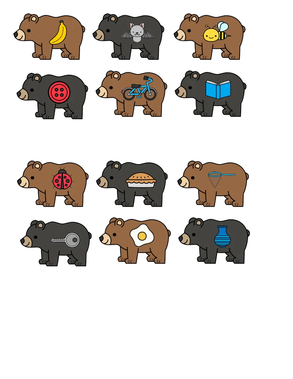 Bear picture cards to sort by /b/: banana, bat, bee, button, bike, book, ladybug, pie, net, key, egg, vase