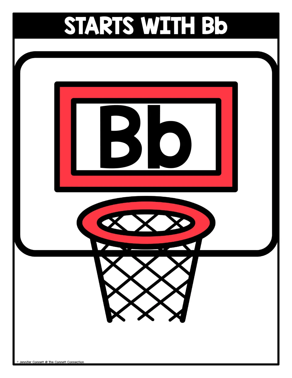 Beginning sound sort mat headed Starts With Bb: students place B picture cards in the basketball hoop drawn below