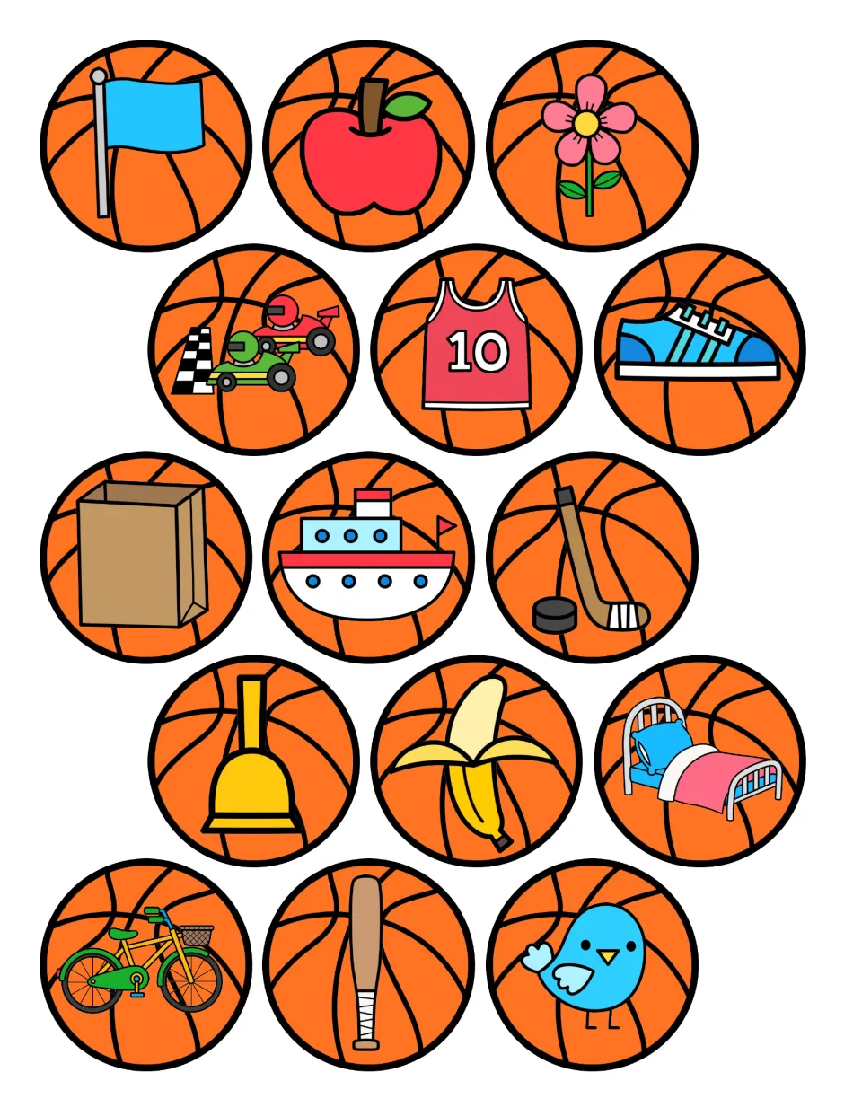 Beginning sound picture cards: students cut out 15 basketballs showing bat, bike, bird, boat, apple, flag and more