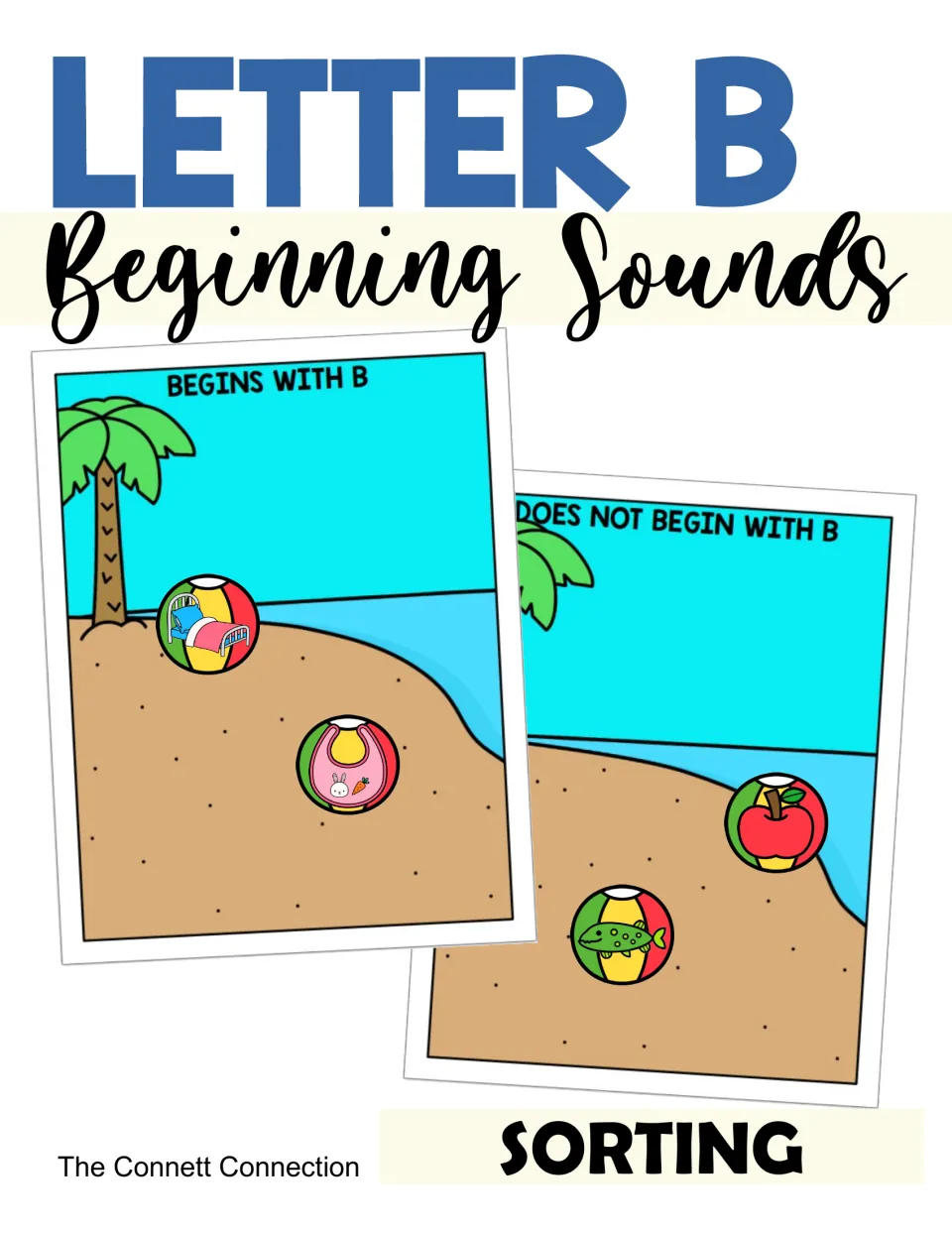Letter B beginning sounds sorting cover showing two beach mats where beach ball picture cards like bed and apple are sorted