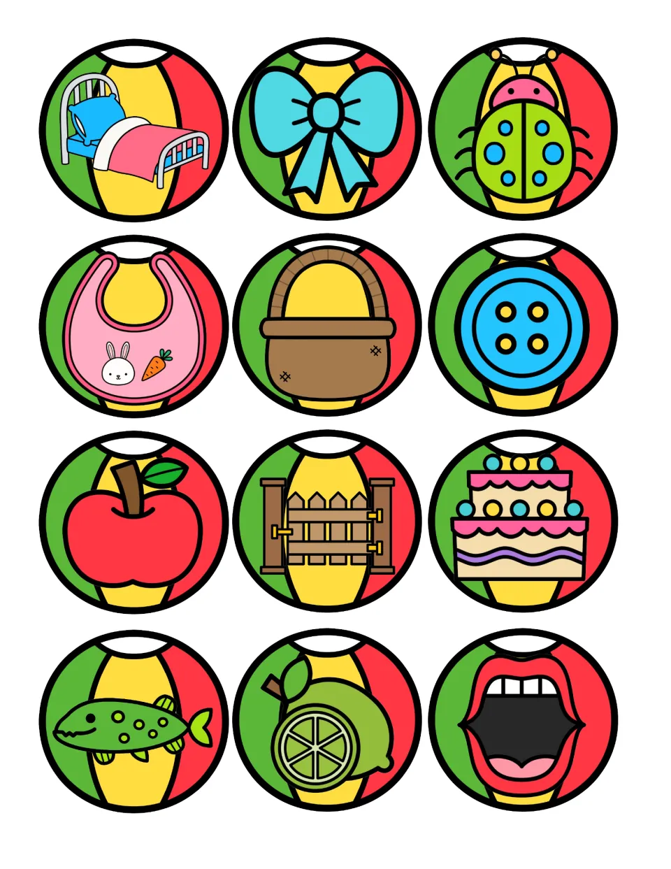 Beach ball picture cards to cut out: bed, bow, bug, bib, basket, button, apple, gate, cake, fish, lime and mouth