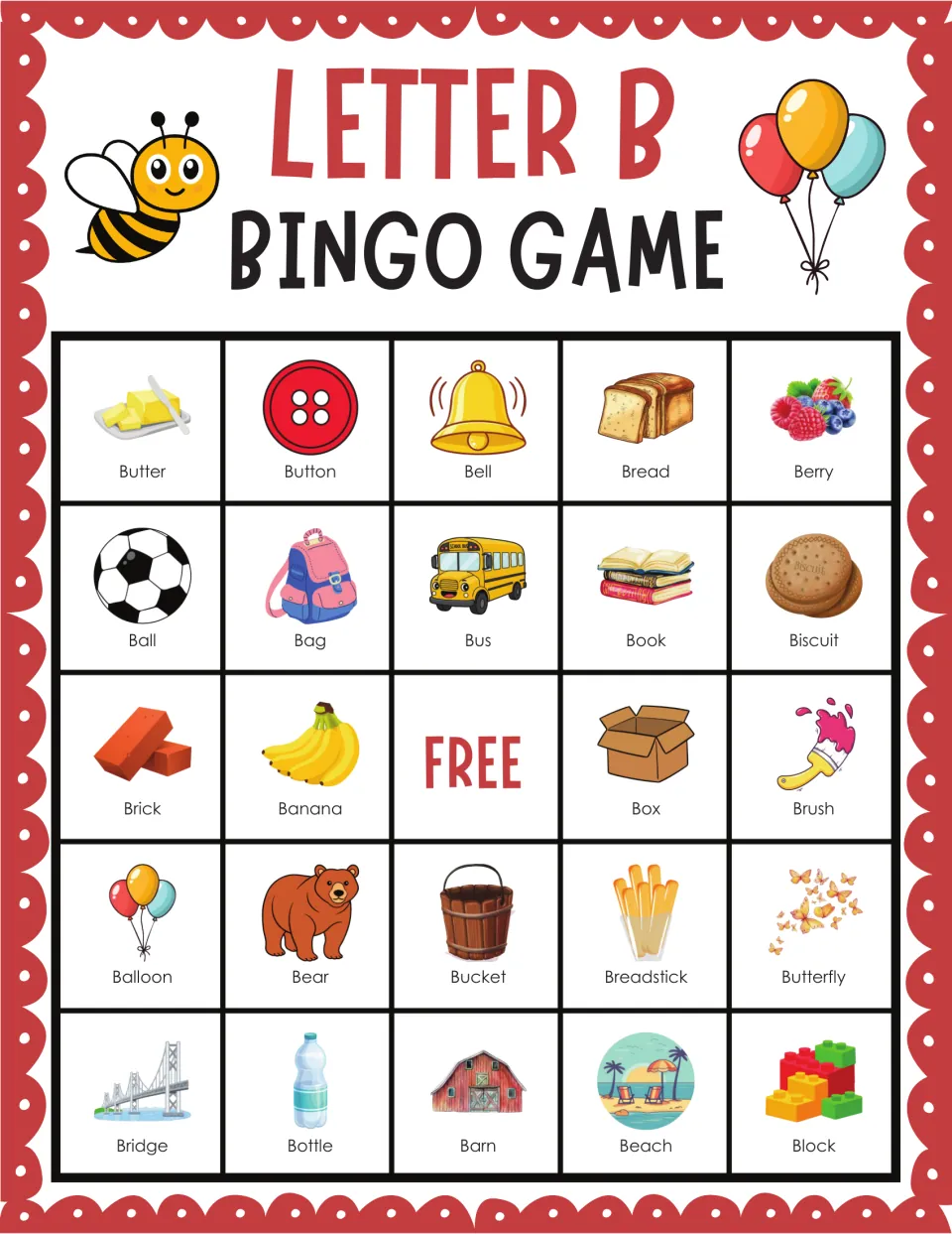 Letter B bingo card: students hear /b/ words and mark pictures such as butter, button, bell, bread and berry