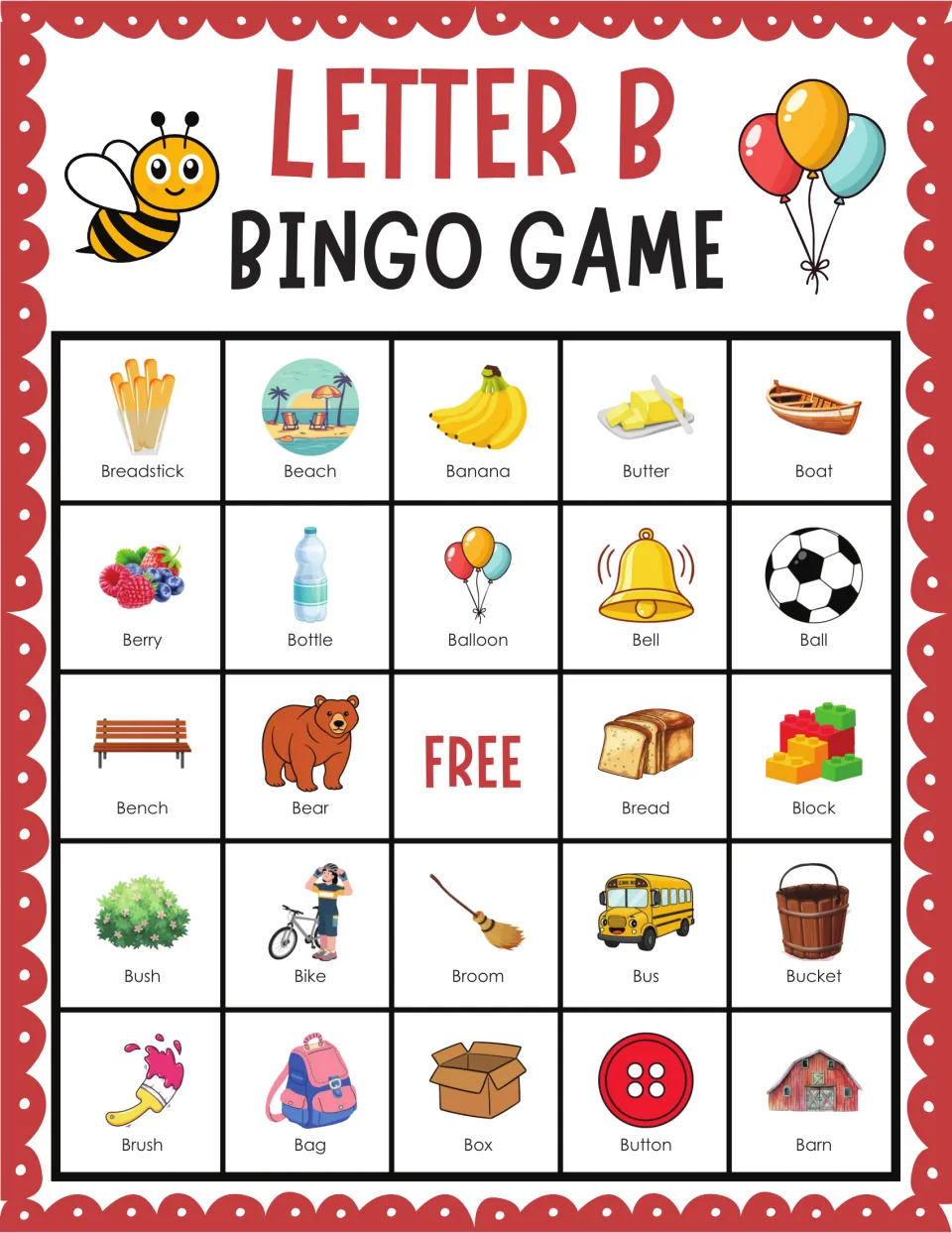 B sound bingo card with breadstick, beach, banana, butter and boat across the top and a FREE space in the middle