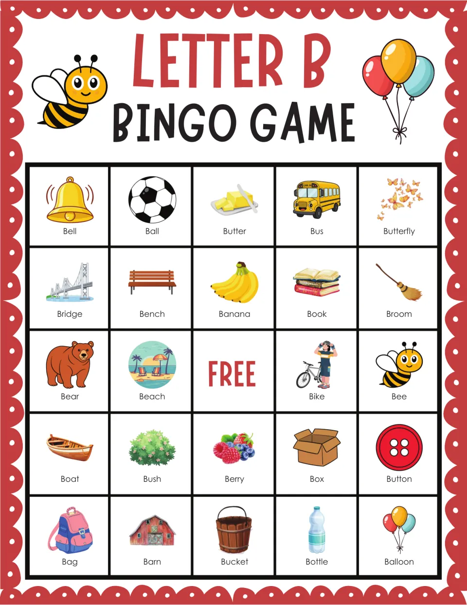 Beginning-sound bingo board: children cover picture words like bell, ball, bus, bee and butterfly as they are called