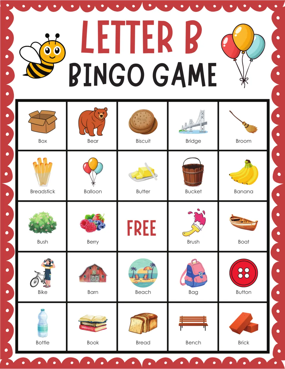 Letter B picture bingo: players listen and cover words such as box, bear, biscuit, bridge, broom, brick and bench
