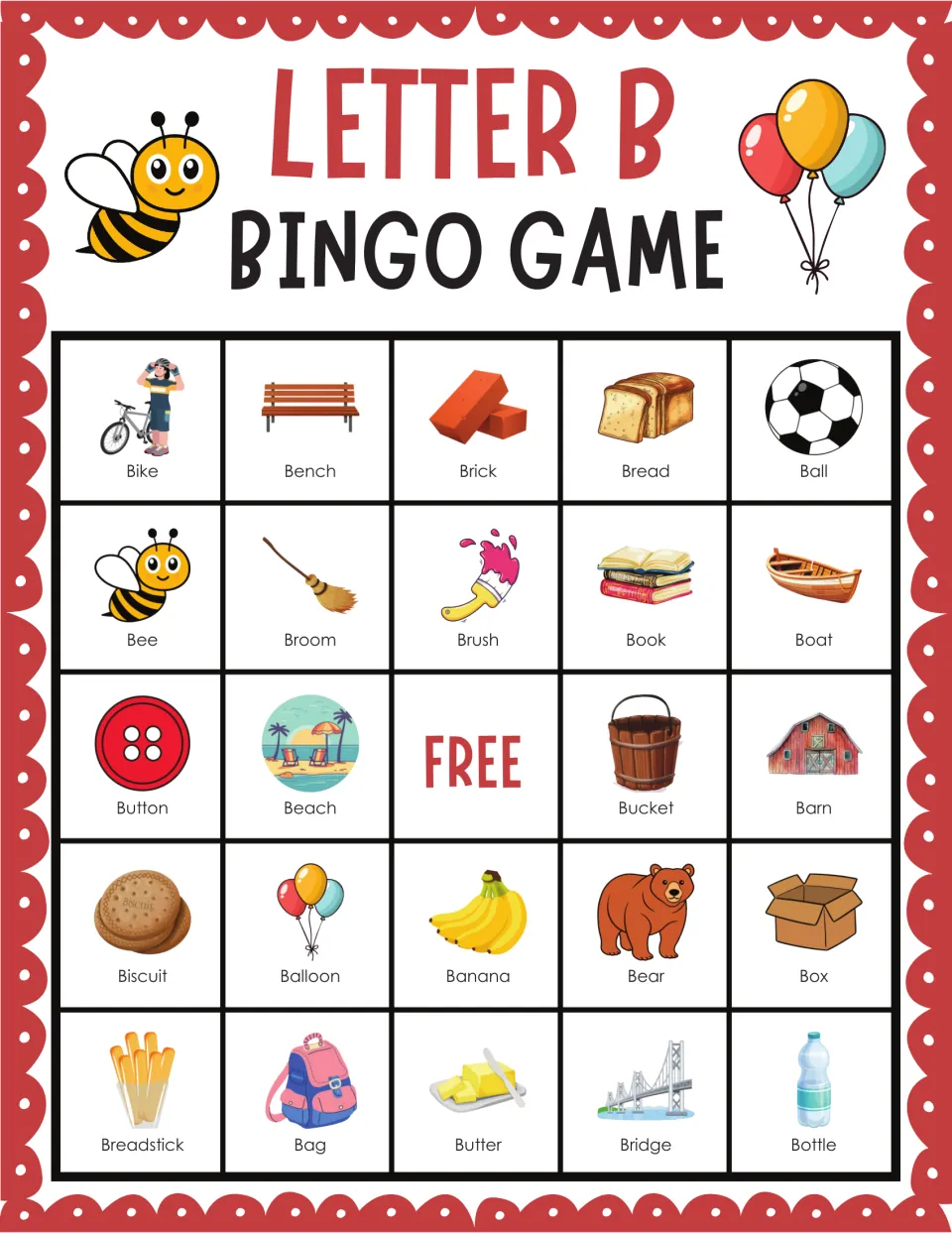 Initial /b/ bingo card labeling bike, bench, brick, bread and ball on top, with bee, broom, brush, book and boat below