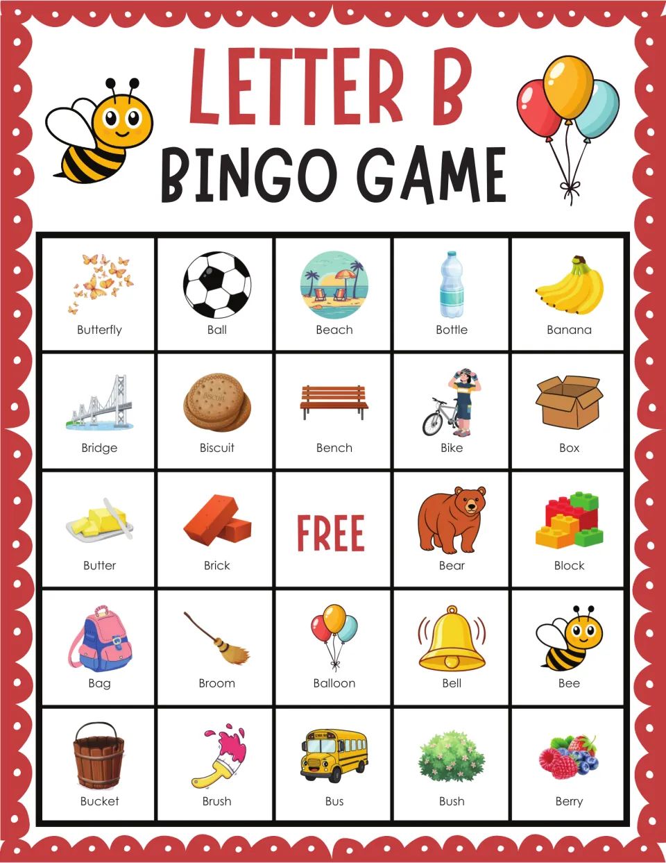 B words bingo card: kids find and mark butterfly, ball, beach, bottle, banana, bucket, bush and berry when called