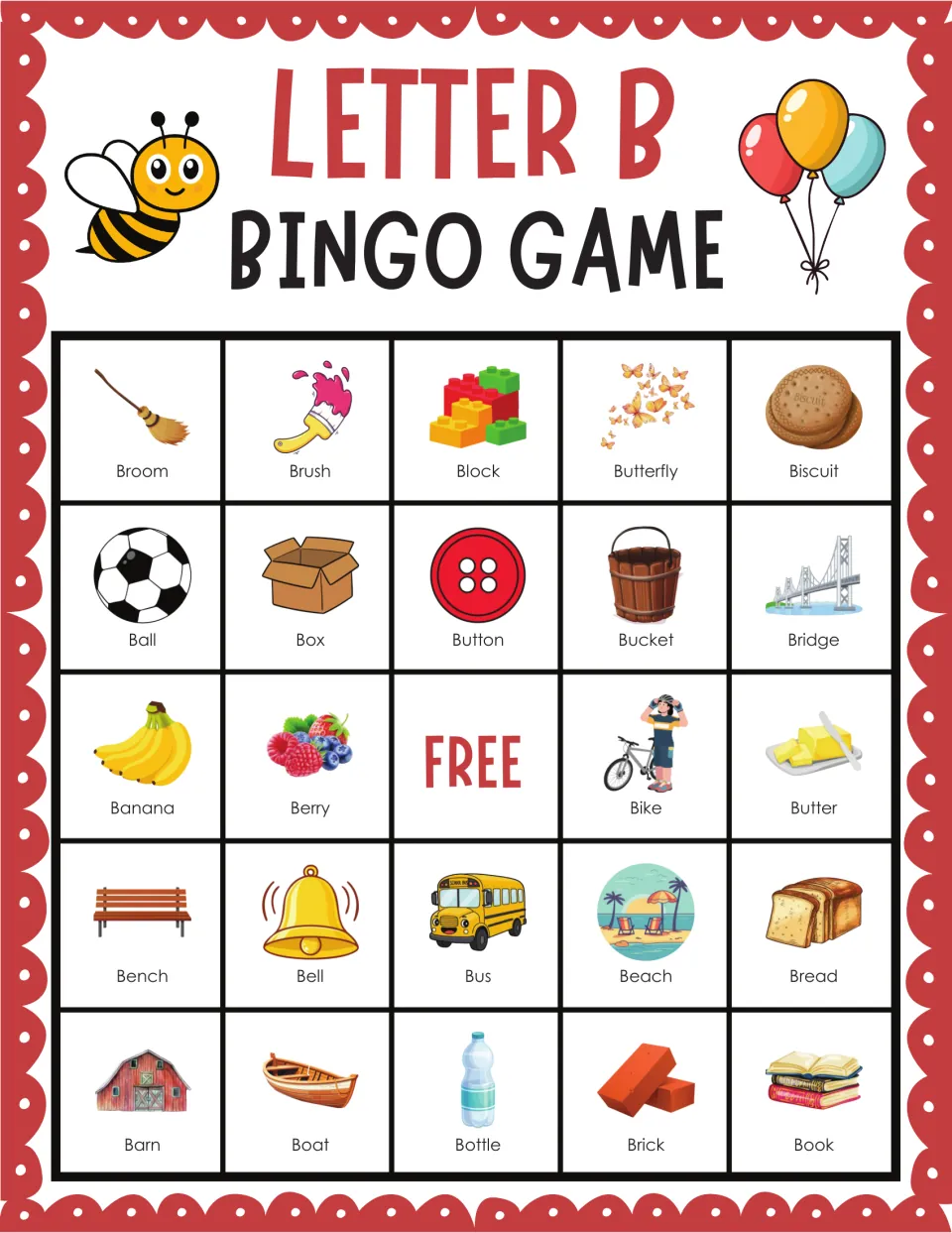 Letter-sound bingo card for B, matching spoken words to pictures of a broom, brush, block, biscuit, barn and boat