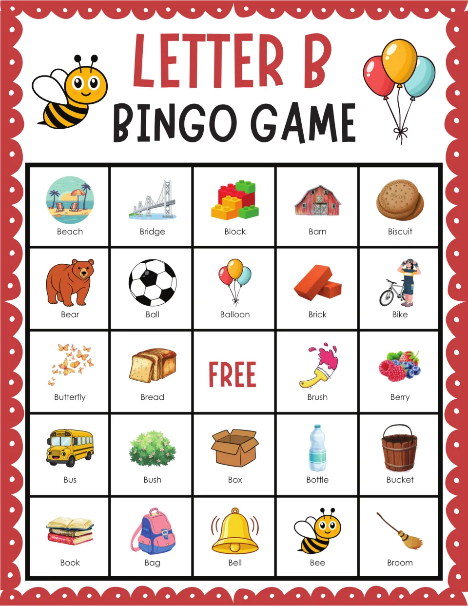 Alphabet B bingo board where learners cover beach, bridge, block, barn and biscuit on top and book, bag, bee below