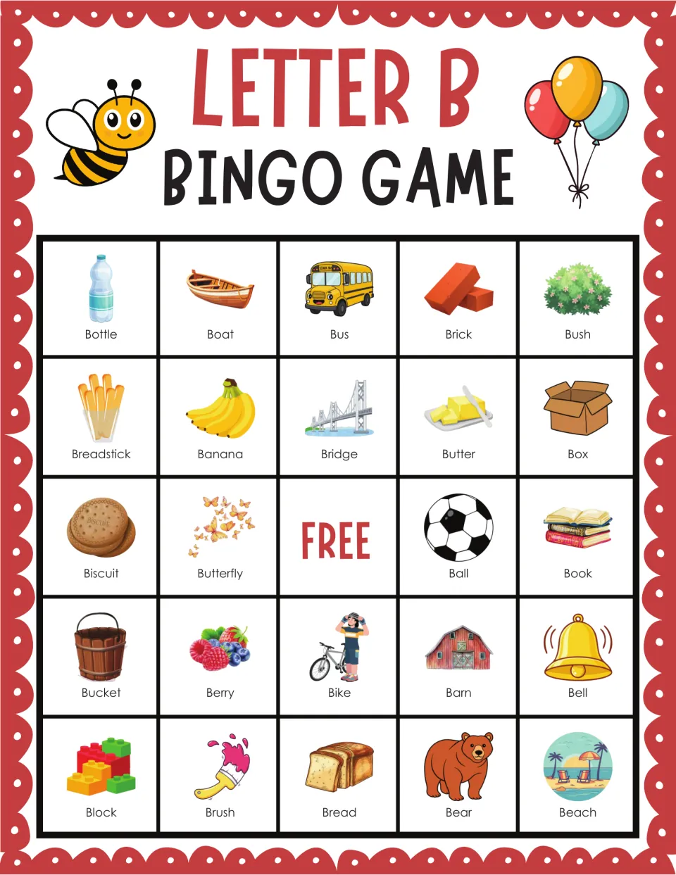 Picture-word bingo for the b sound: students mark a bottle, boat, bus, brick and bush, plus bread, bear and beach