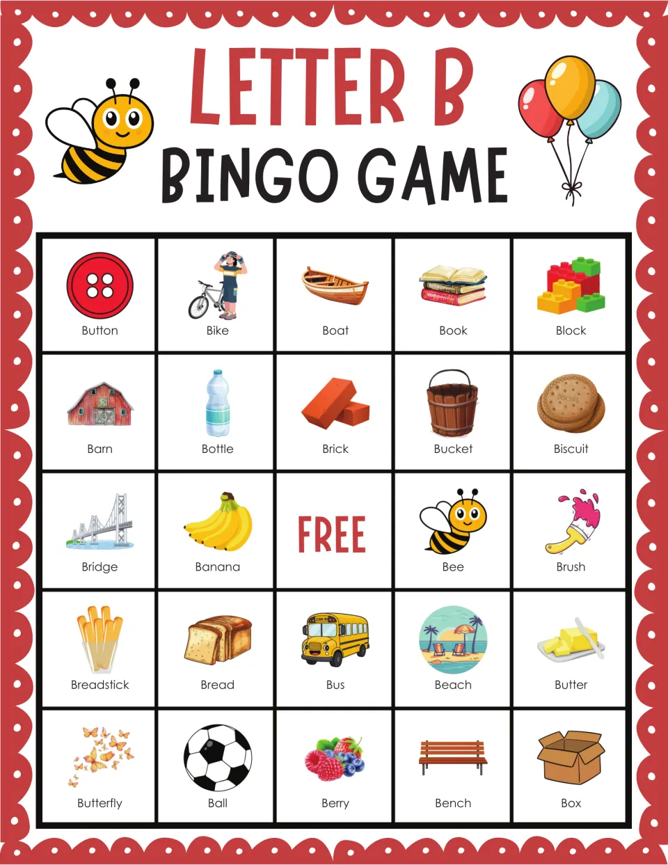 Final B bingo card with button, bike, boat, book and block on top and butterfly, ball, berry, bench and box at bottom