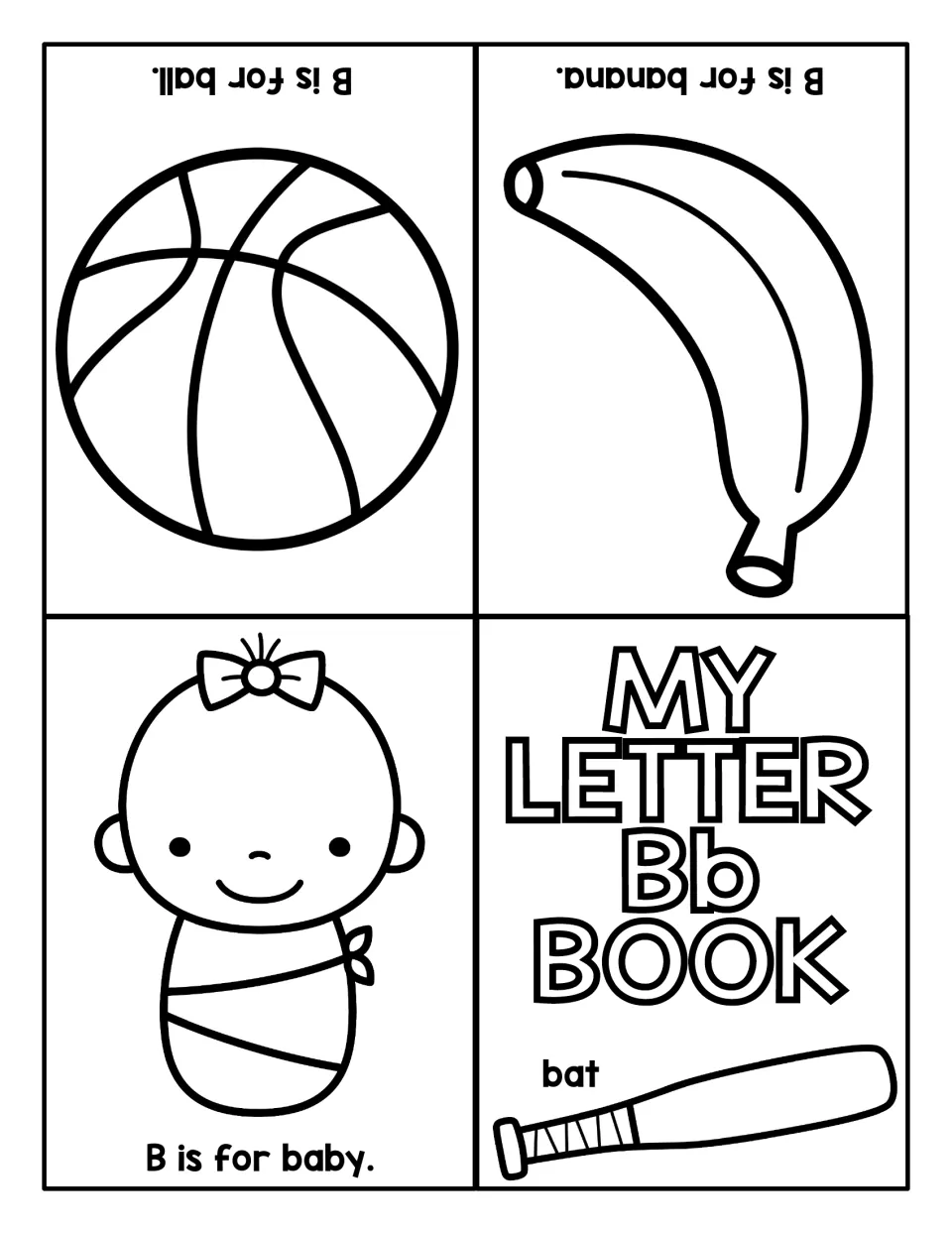 Letter Bb fold-up mini book: cover with a bat, then B is for baby, banana and ball pictures for students to color