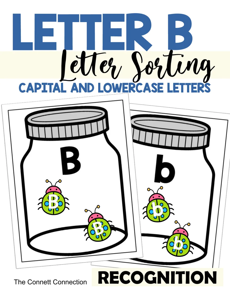 Letter B sorting cover: capital B and lowercase b jar mats with green bug cards, shown for letter recognition practice