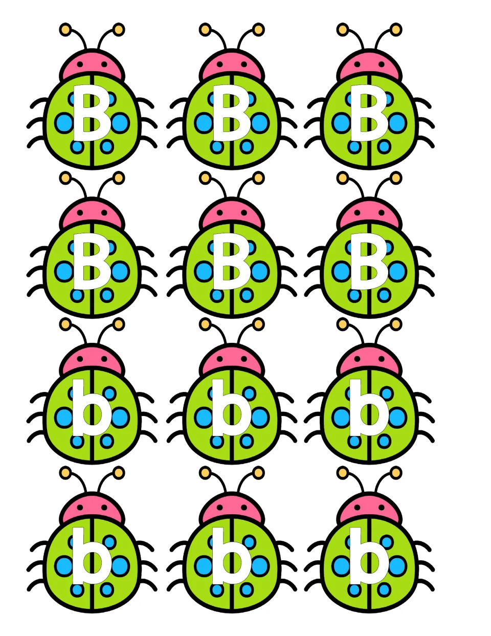 Capital B and lowercase b bug cards: 12 green ladybugs, six marked B and six marked b, to cut out and sort into jars