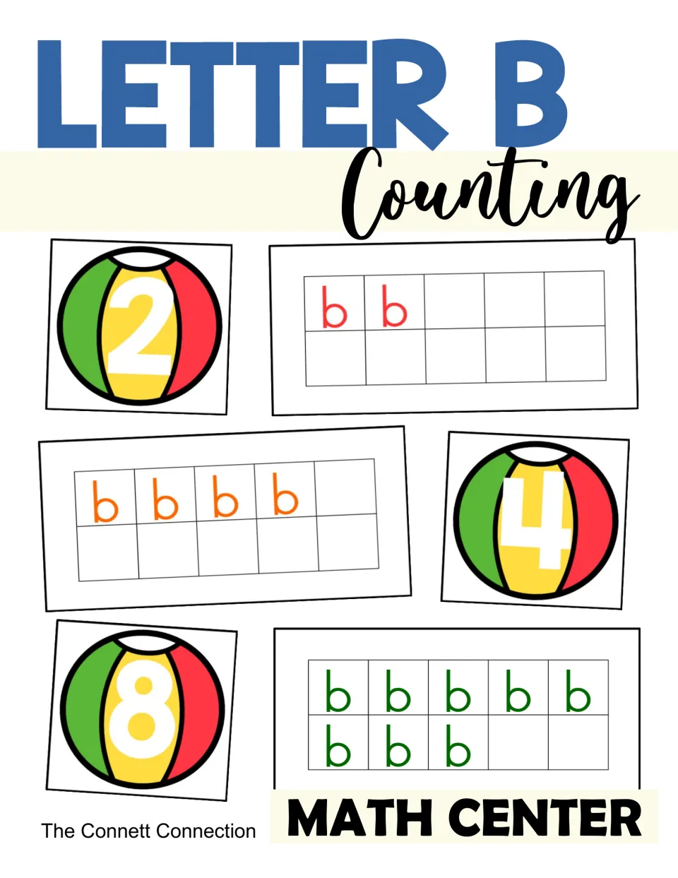 Letter B counting math center cover: beach ball number cards 2, 4 and 8 beside ten frames full of lowercase b letters