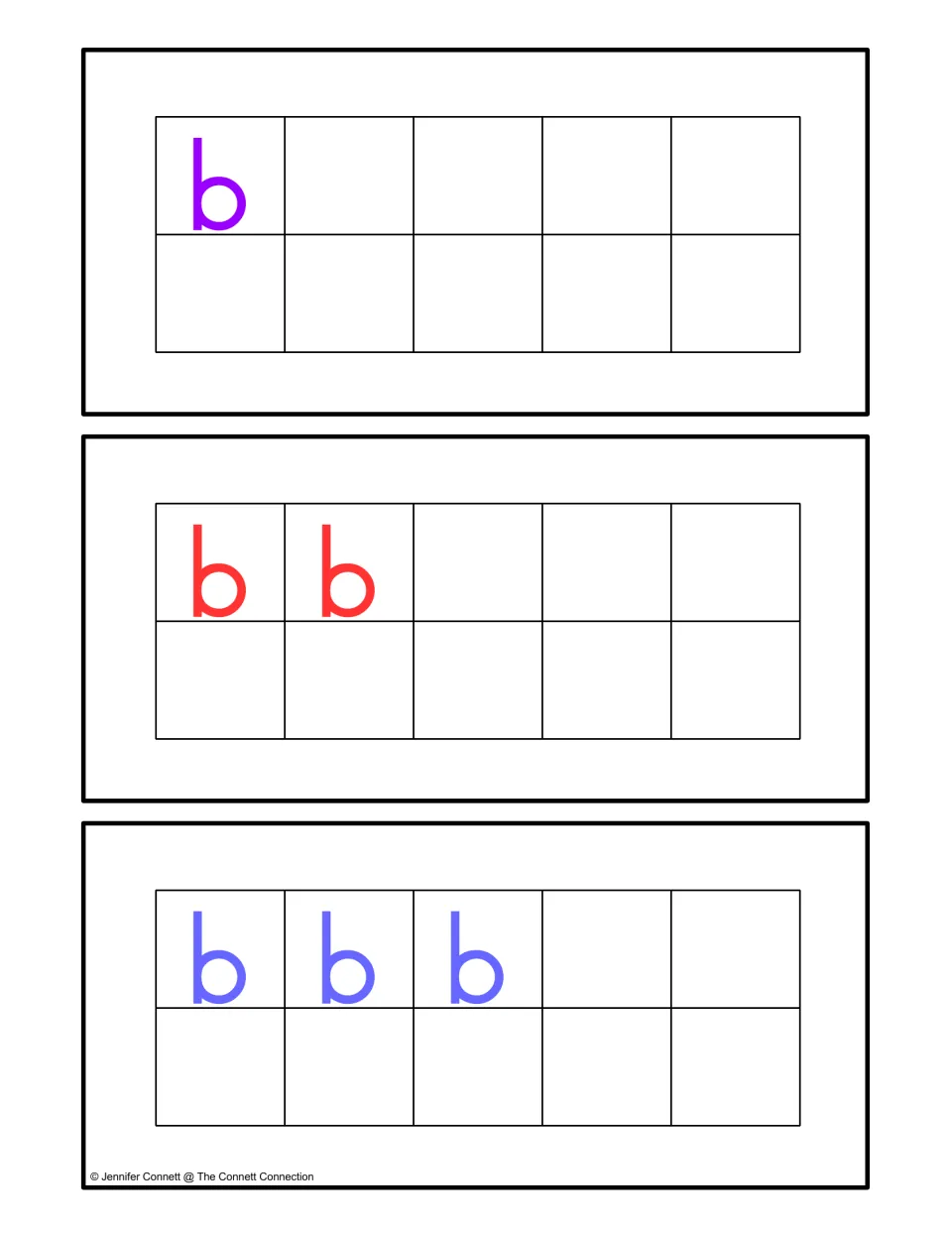 Counting 1 to 3 with letter b: ten-frame cards showing one, two and three lowercase b letters for students to count