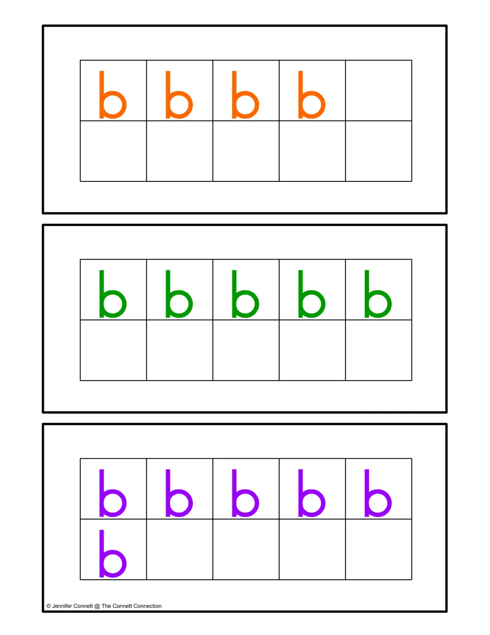Counting 4 to 6 with letter b: ten-frame cards holding four, five and six lowercase b letters for students to count