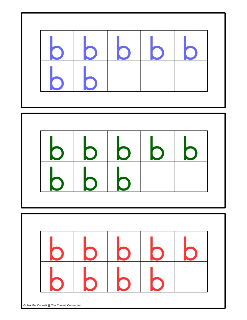Counting 7 to 9 with letter b: ten-frame cards with seven, eight and nine lowercase b letters for counting and matching