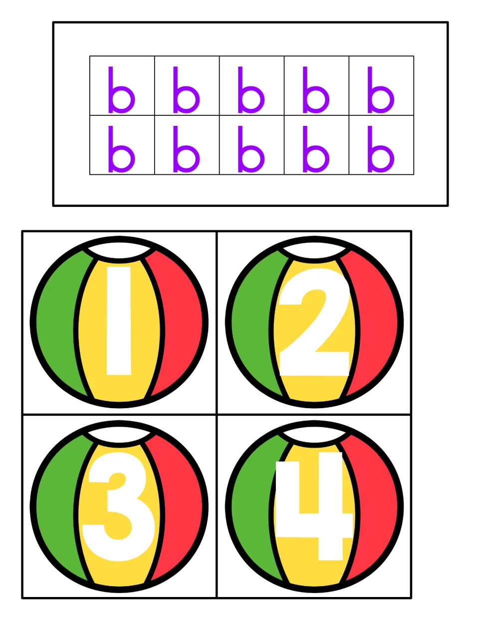 Counting to 10: a ten-frame card full with ten lowercase b letters, plus beach ball number cards 1 to 4 to match