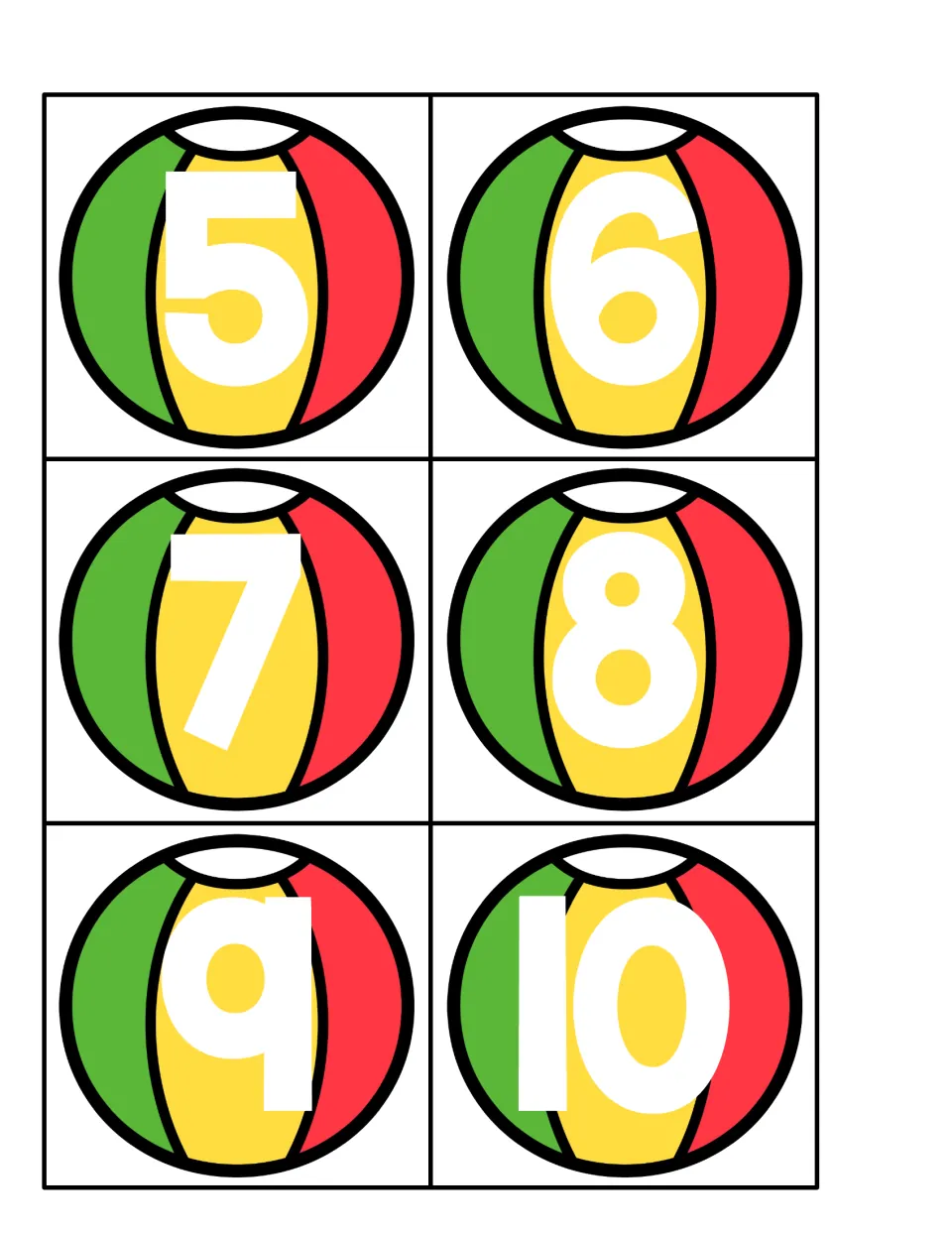 Numeral matching cards: six beach balls numbered 5 to 10 for students to pair with the b ten-frame of the same count