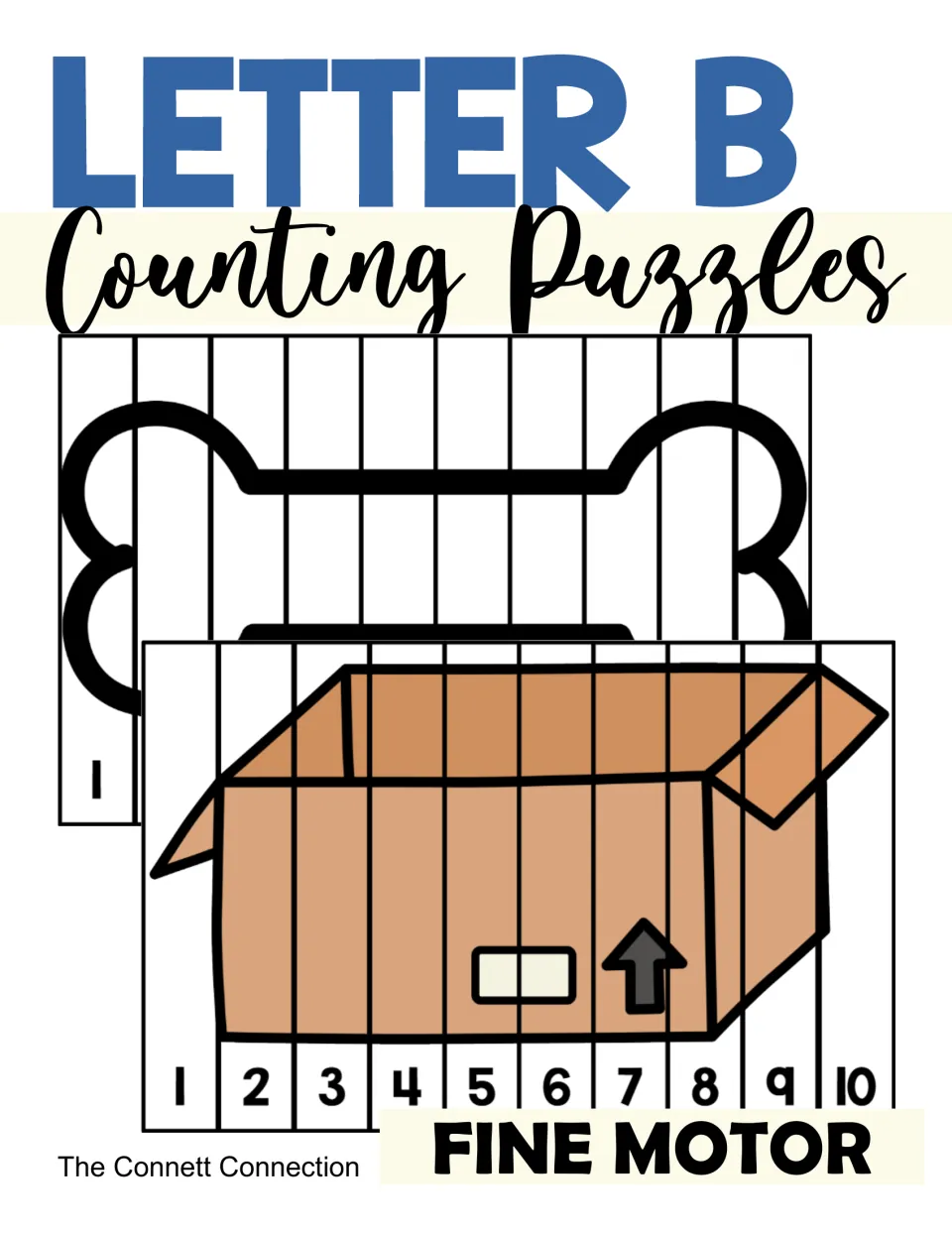 Letter B Counting Puzzles cover: bone and cardboard box pictures cut into 10 numbered strips for fine motor number order