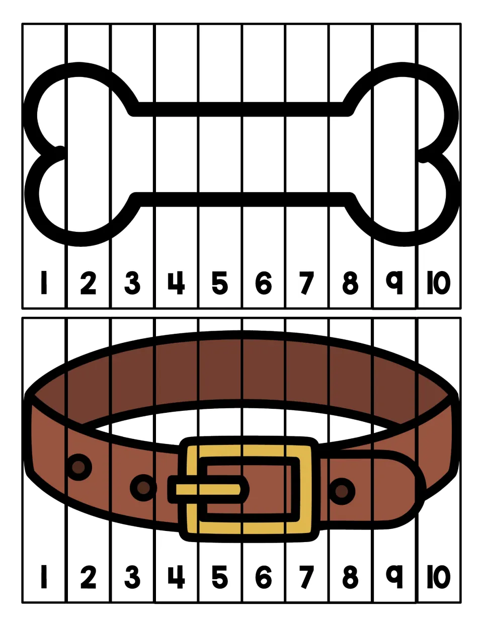 Bone and belt counting puzzles: students cut 10 strips numbered 1 to 10 and line them up in order to rebuild each picture