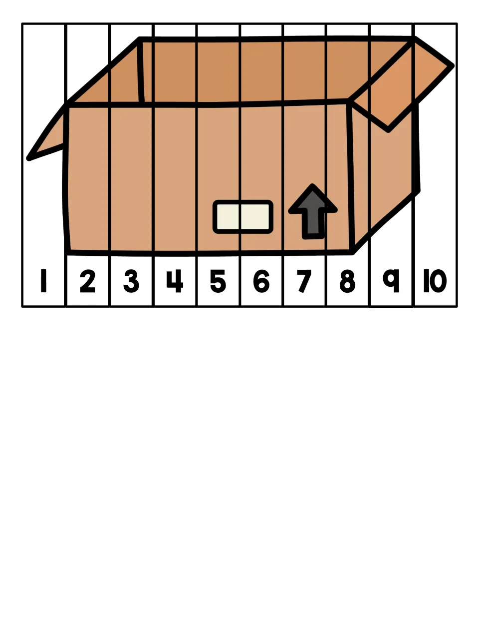 Cardboard box counting puzzle: students cut apart strips numbered 1 to 10 and sequence them to complete the box picture