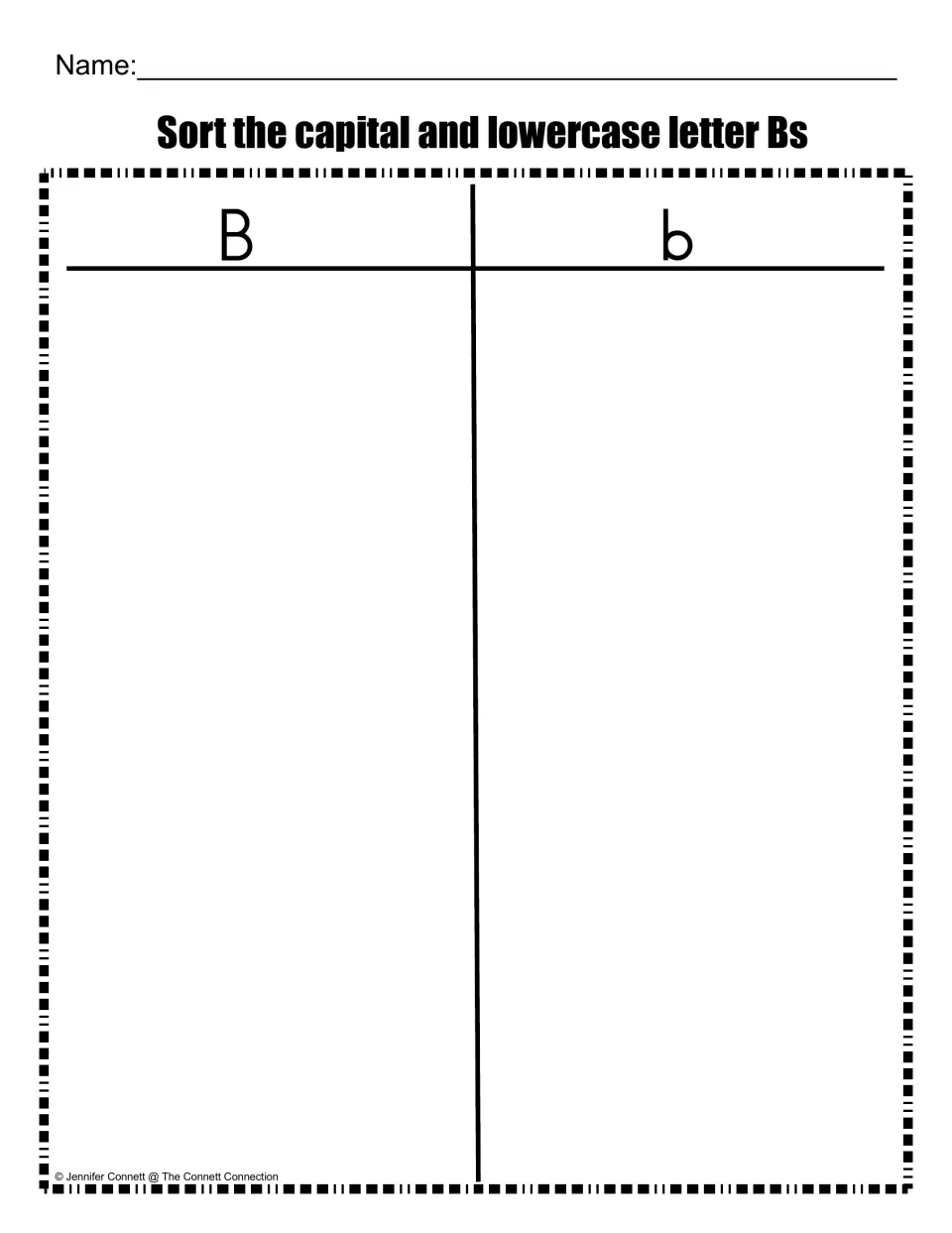 Capital and lowercase B sort: students place letters under the headings B and b to tell the uppercase from lowercase form