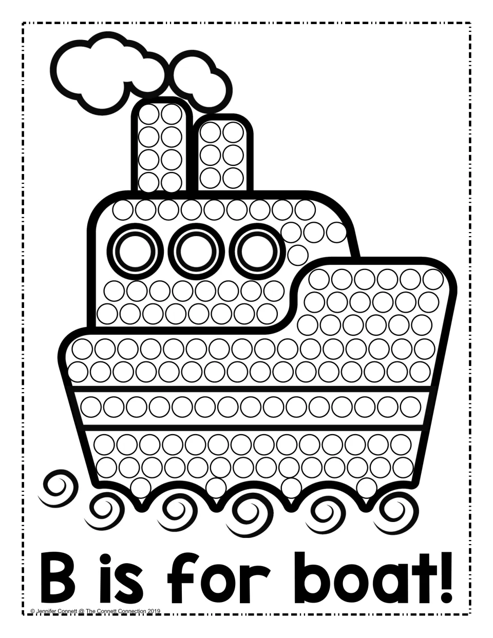 B is for boat: students dot-paint the circles on a steamboat with two smokestacks and waves while saying the B sound