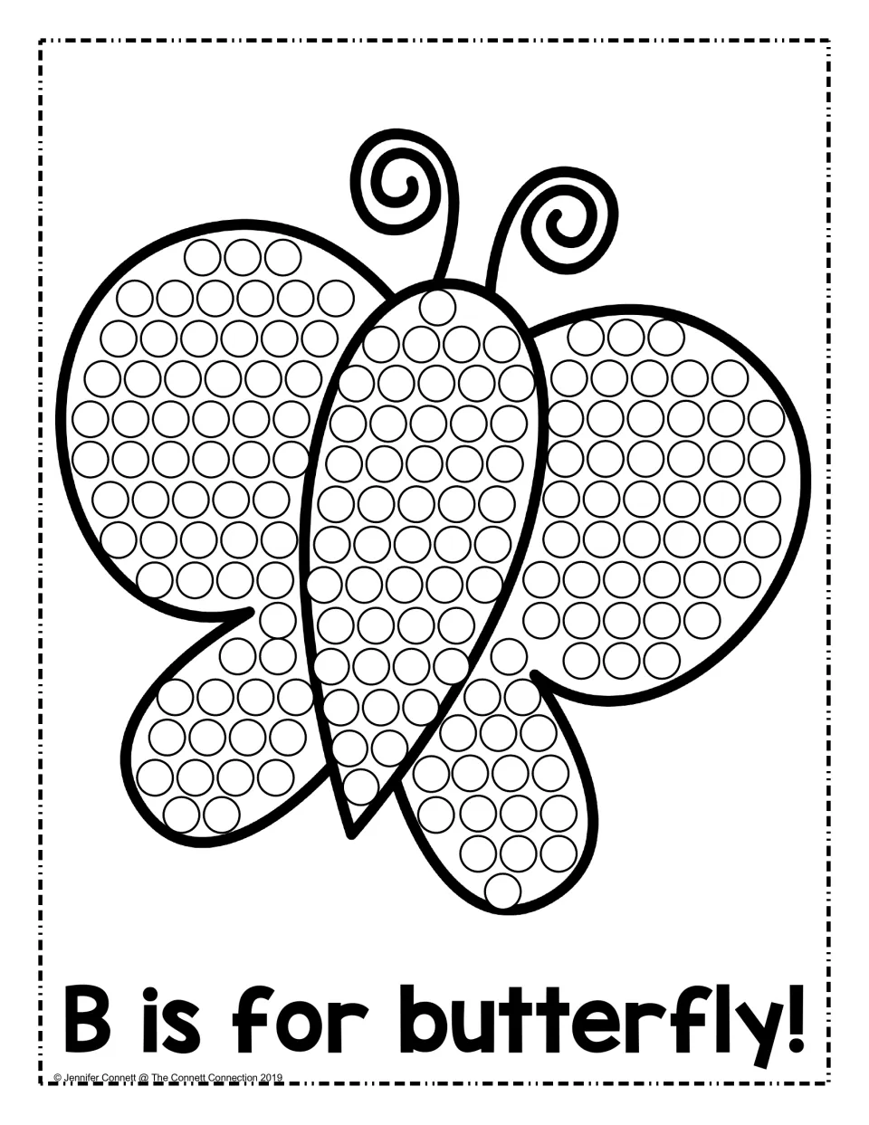 B is for butterfly: students fill the circles on a butterfly's wings and body with dot paint, linking the word to B