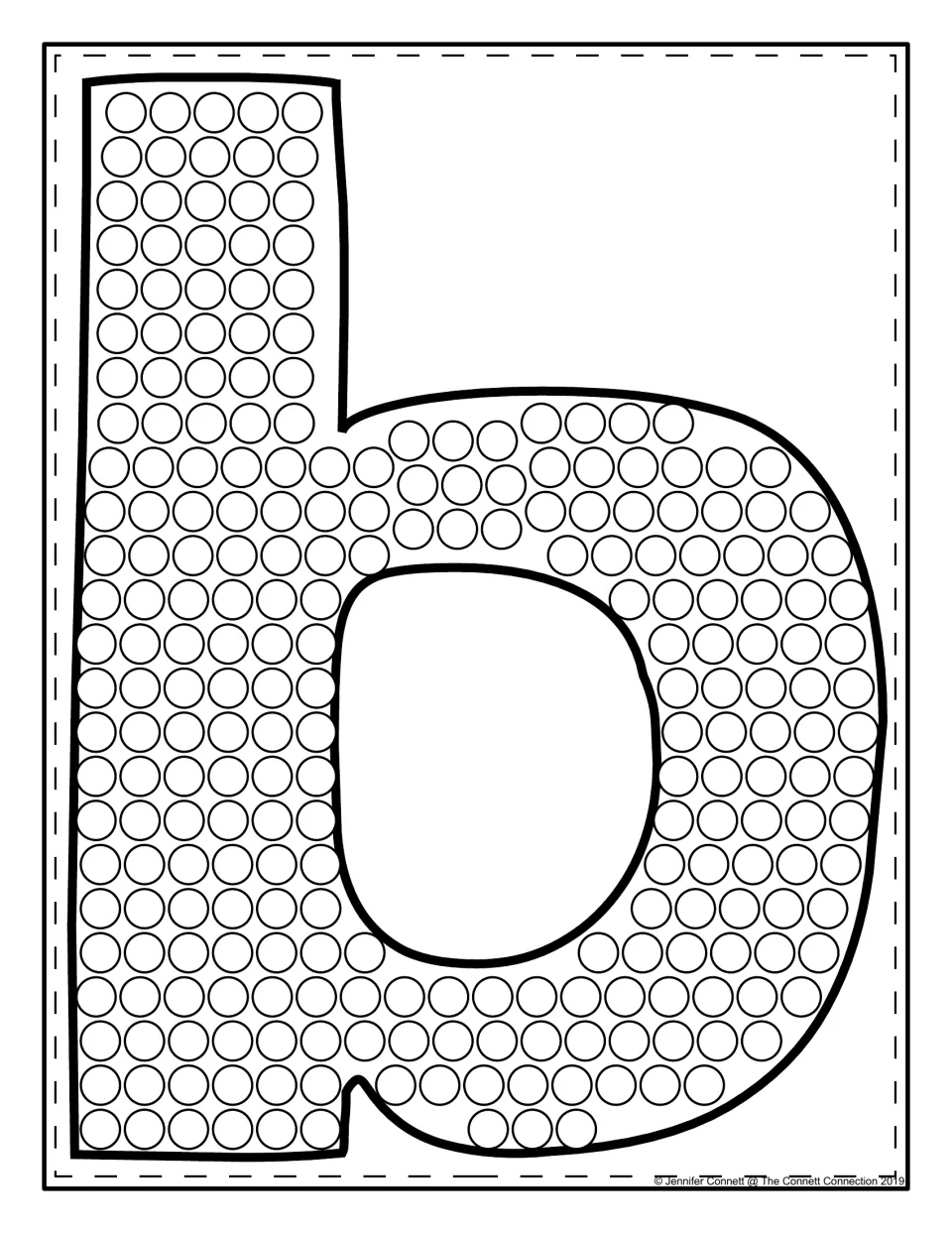 Lowercase b filled with circles: students press a dot marker into each circle to build the small letter's shape