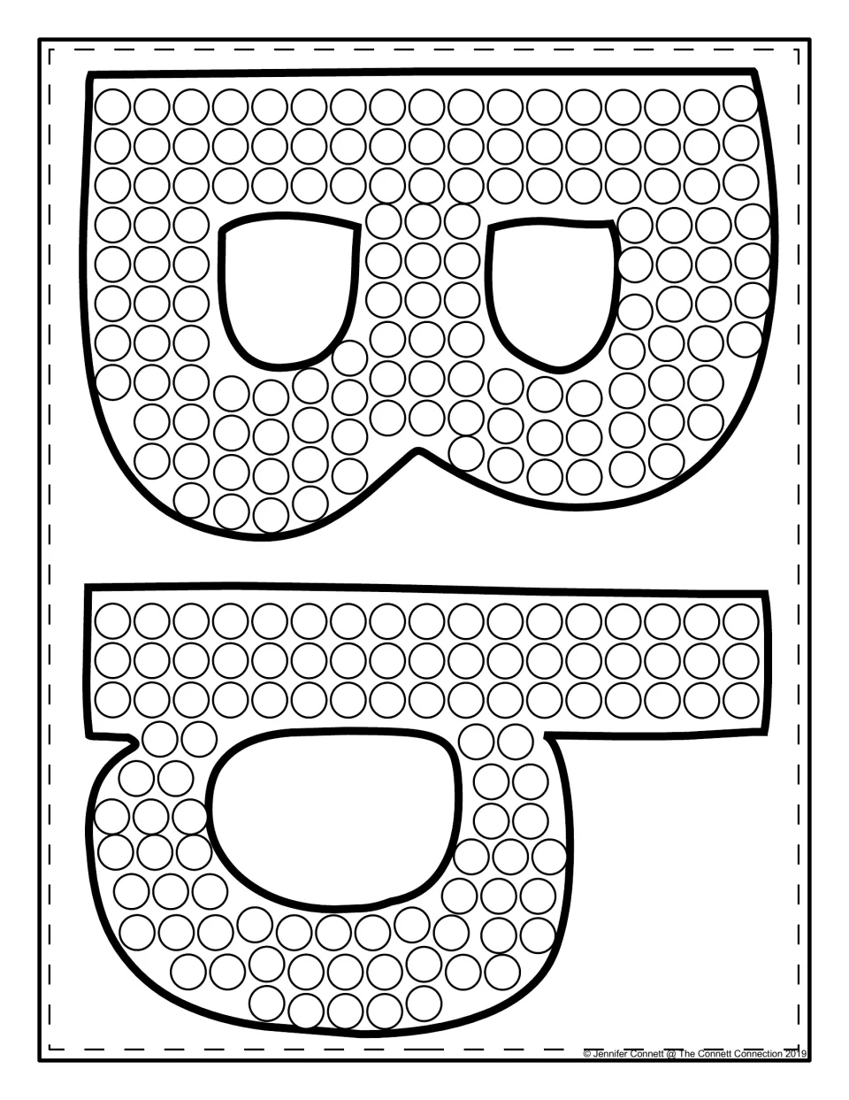 Uppercase B and lowercase b turned sideways and filled with circles for students to dot-paint, stacked on one page