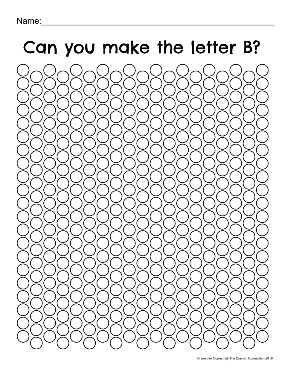 Can you make the letter B?: students choose circles in a full page of dots to paint their own capital B, with a name line