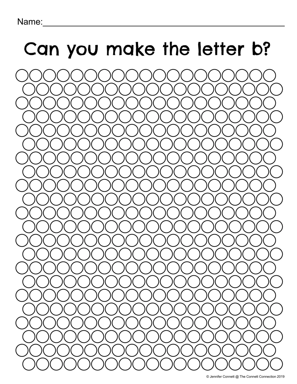 Can you make the letter b?: students dot-paint selected circles in evenly spaced rows to form a lowercase b on their own
