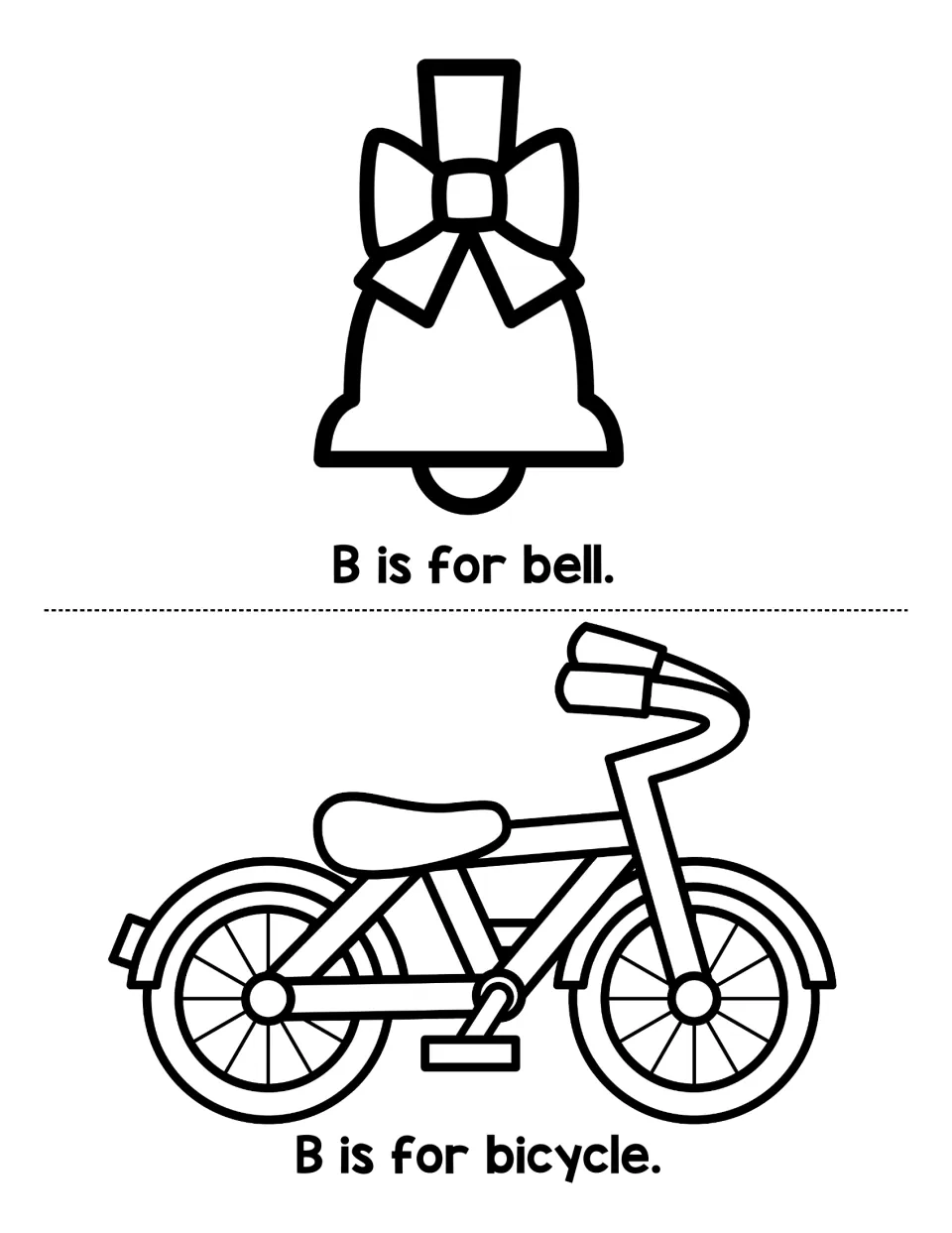 Beginning sound b booklet pages: students read B is for bell. and B is for bicycle. and color the bell and the bicycle