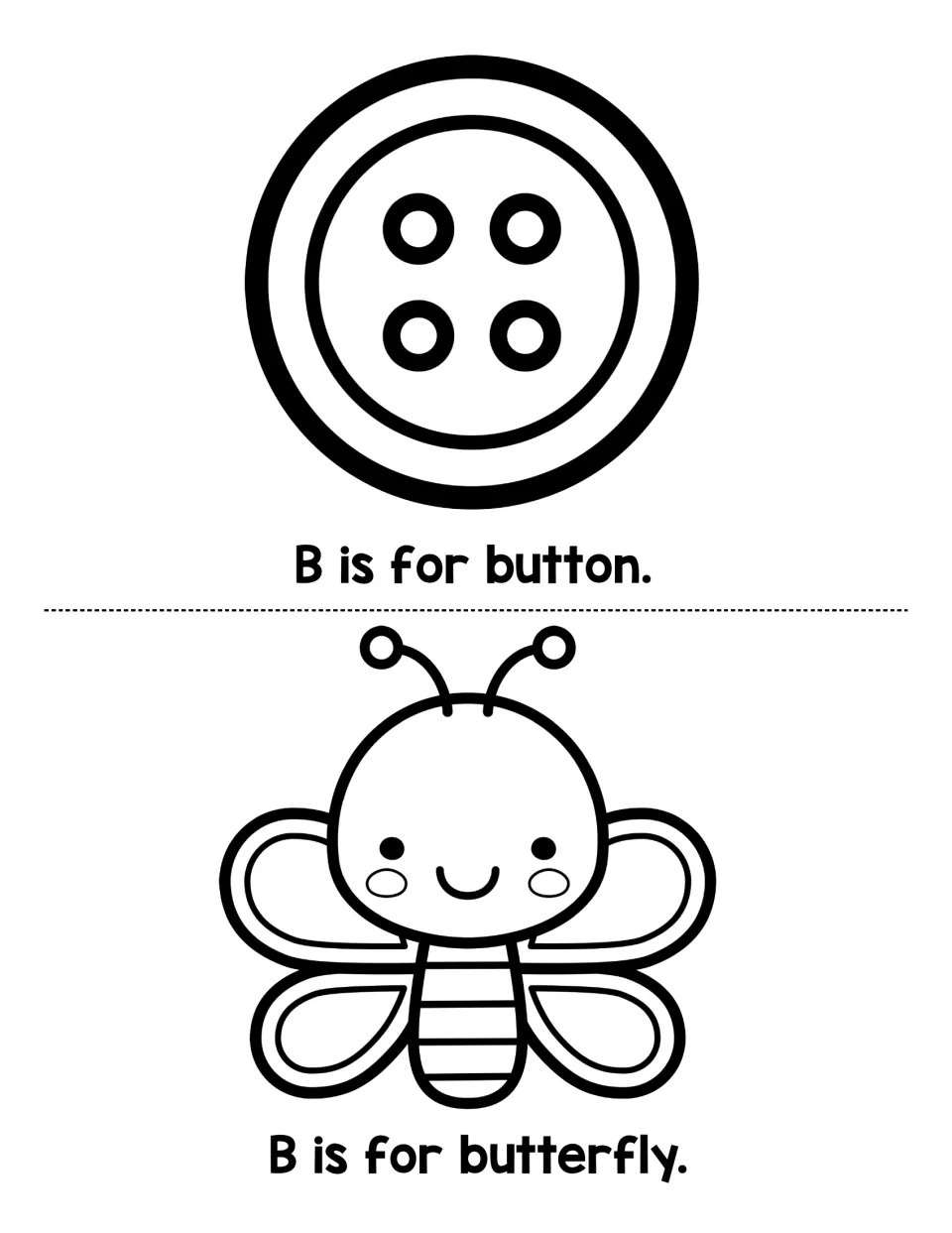 Letter b words button and butterfly: students read B is for button. and B is for butterfly. and color both pictures