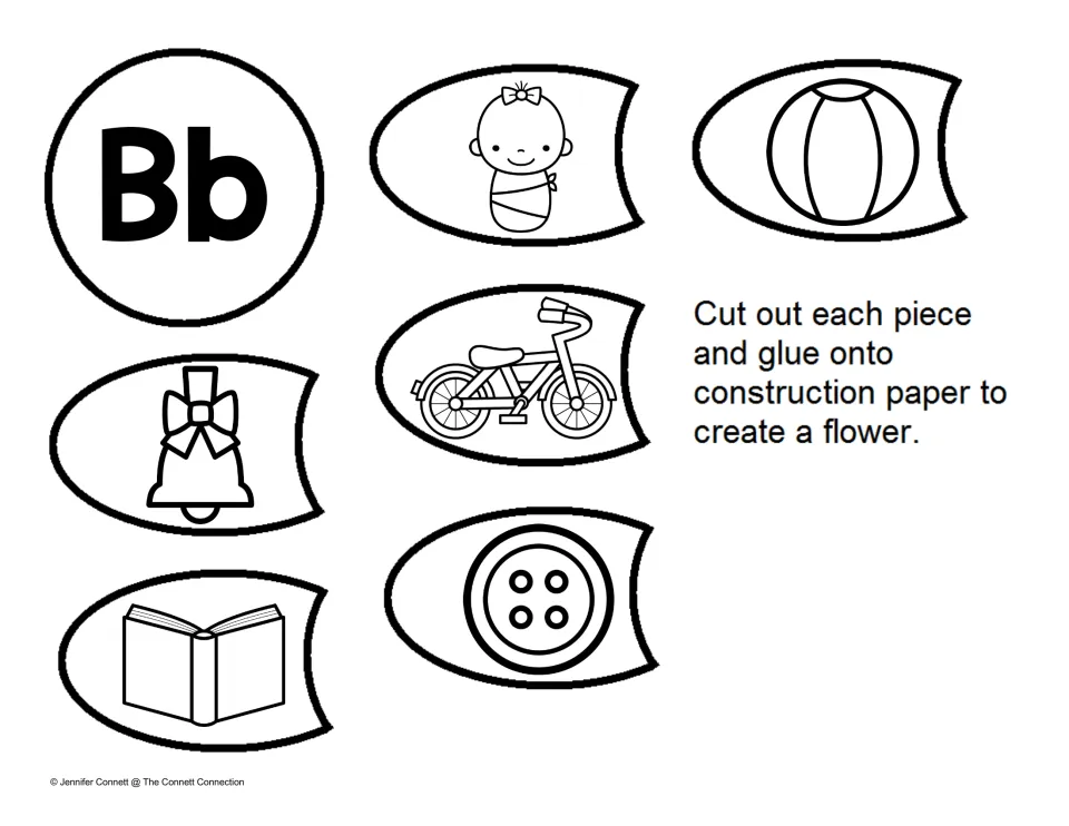 Letter B sounds: students cut out a Bb center and petals showing baby, ball, bell, bike, book and button to glue a flower