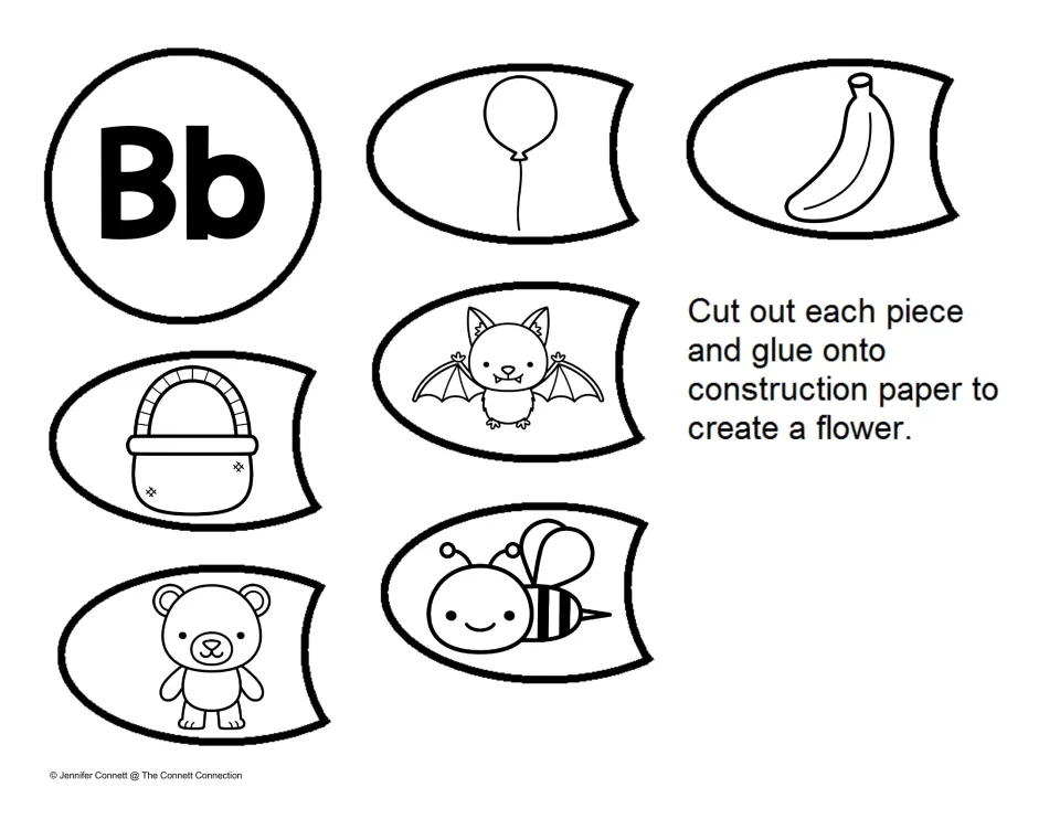 Beginning sound /b/ flower: cut-out Bb center and petals with balloon, banana, basket, bat, bear and bee pictures to glue