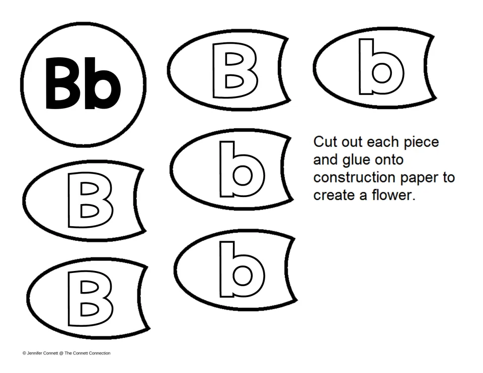 Letter recognition flower: students cut out a Bb center and six petals with outlined uppercase B and lowercase b to glue