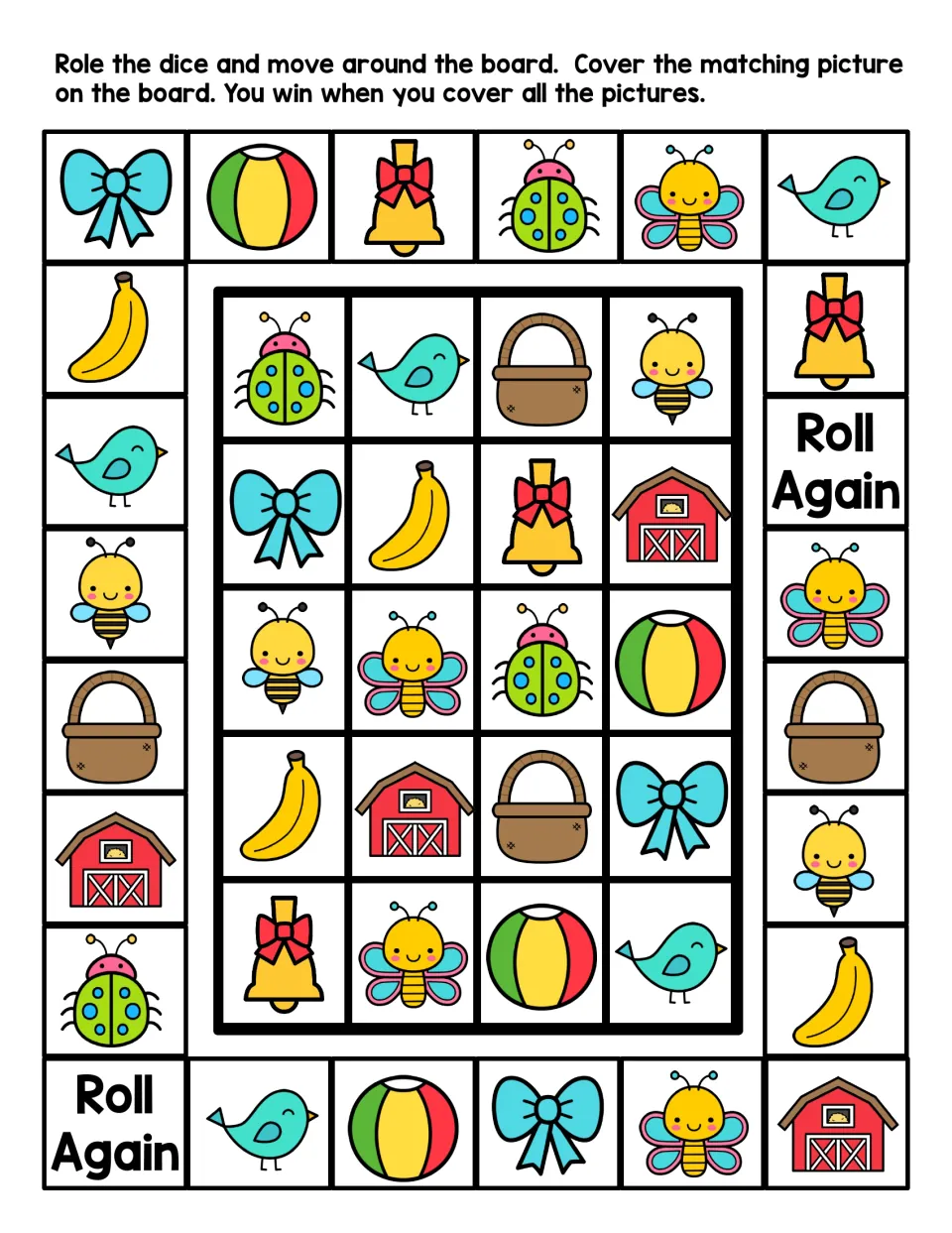 Beginning sound B board game: students roll a die, move, and cover matching pictures like bee, ball, bell and banana