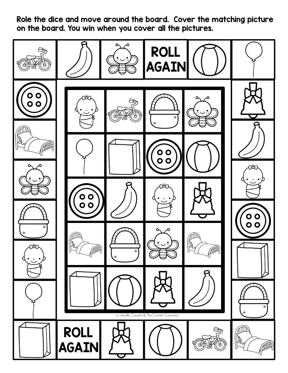 Black-and-white B sound board: students roll, move and cover pictures such as bike, button, bed, baby and balloon