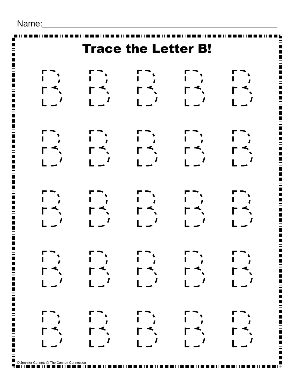 Trace the Letter B: students trace 25 dashed uppercase B letters in five rows to practise forming capital B shapes