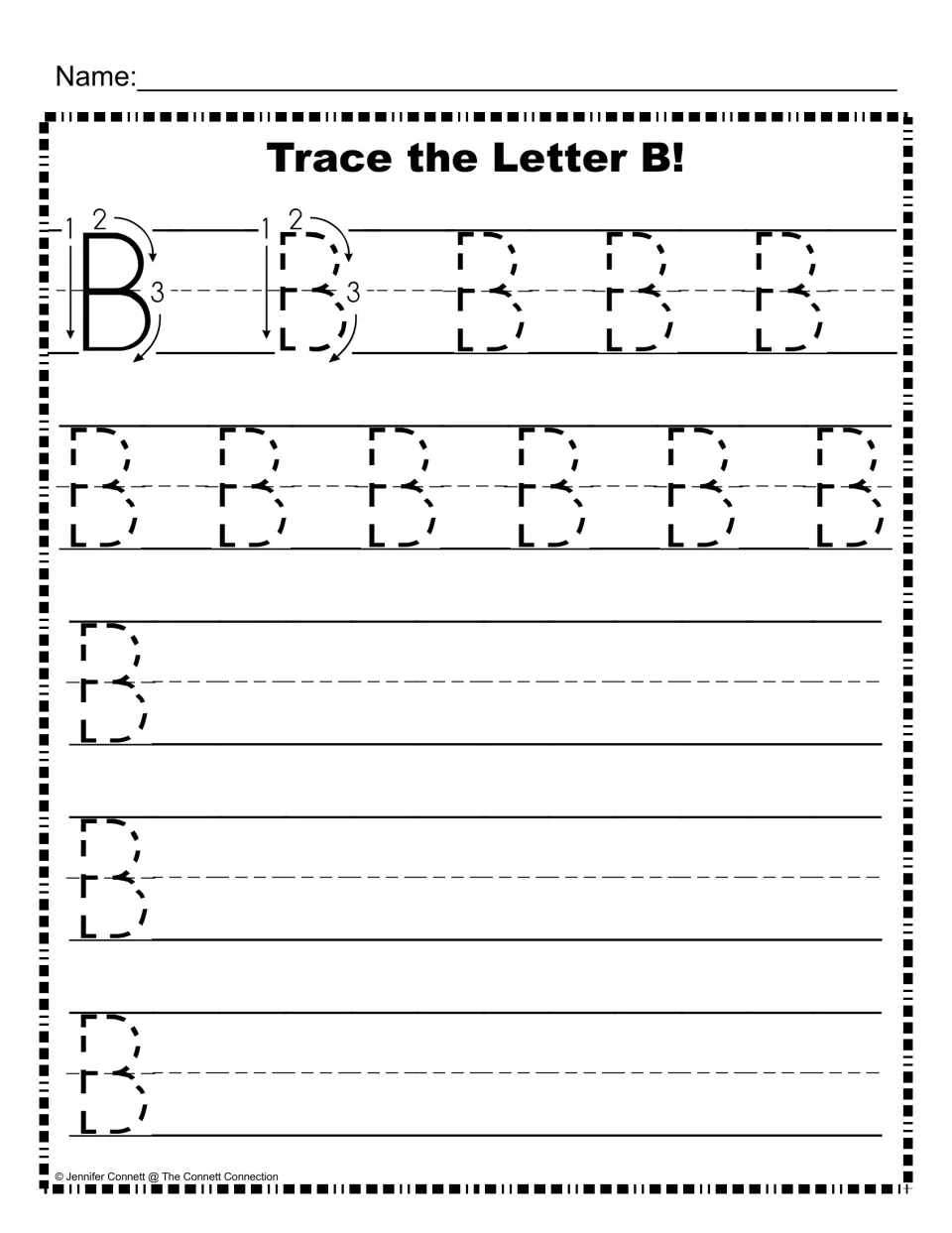 Uppercase B with numbered stroke arrows 1-3, then dashed B letters to trace and three rows that start with one B to copy