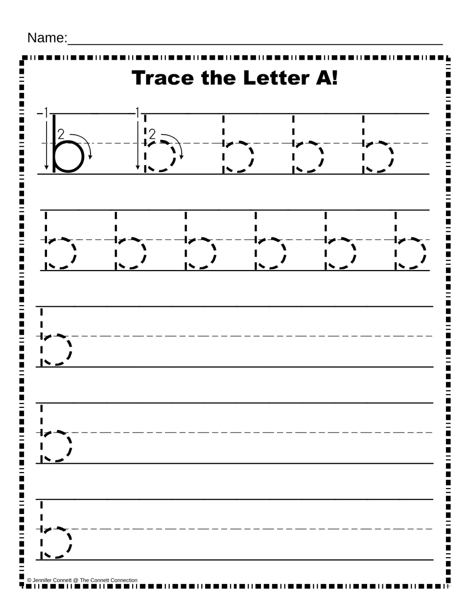 Lowercase b with numbered strokes 1-2 to trace, then rows of dashed b; heading misprinted as 'Trace the Letter A!'