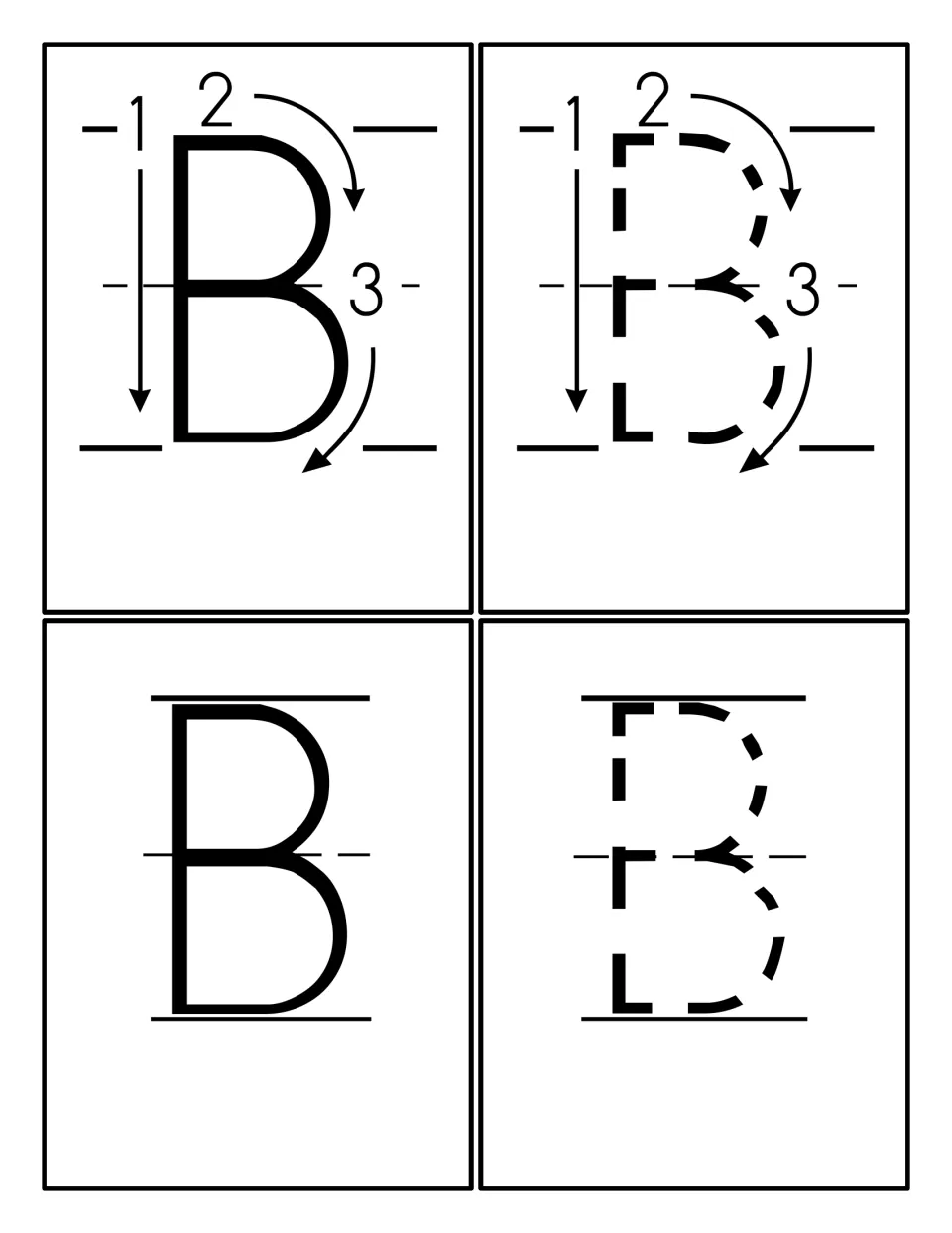 Four uppercase B cards: solid and dashed B with numbered stroke arrows 1-3, plus a plain solid B and a dashed B to trace