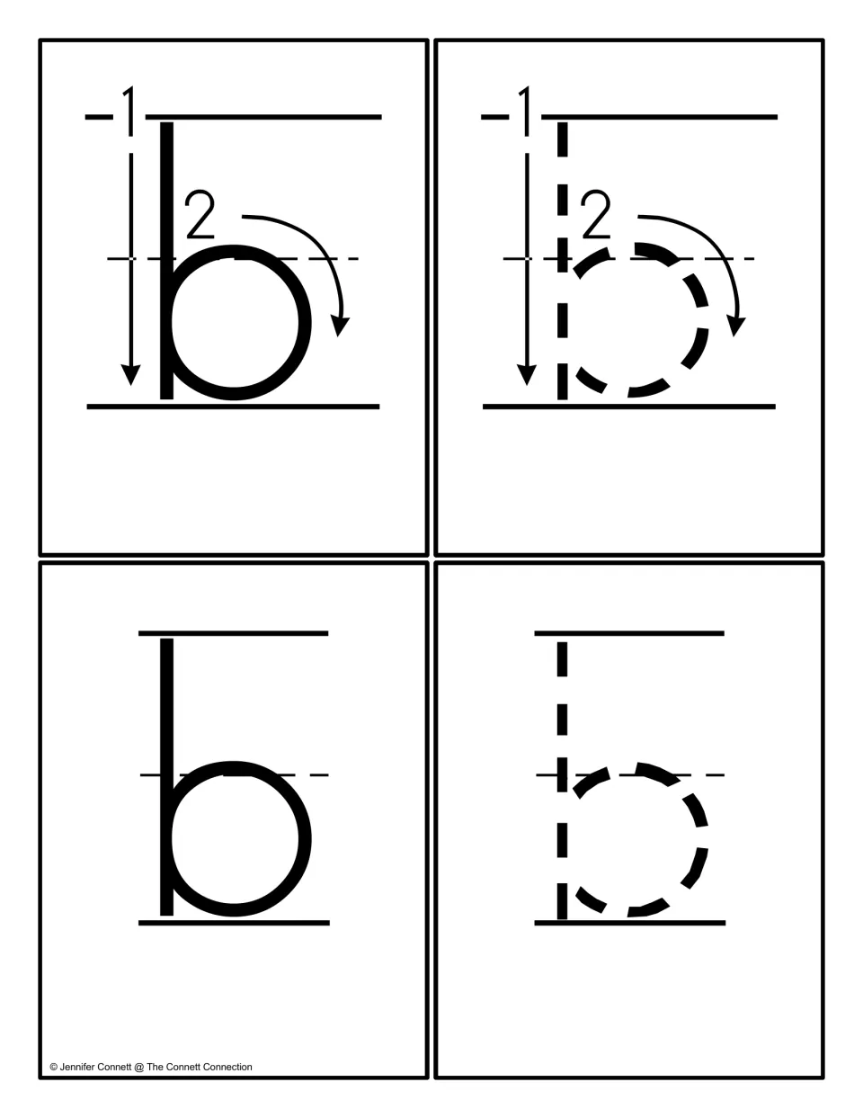 Four lowercase b cards: solid and dashed b showing strokes 1 and 2 with arrows, plus a plain solid b and dashed b to trace