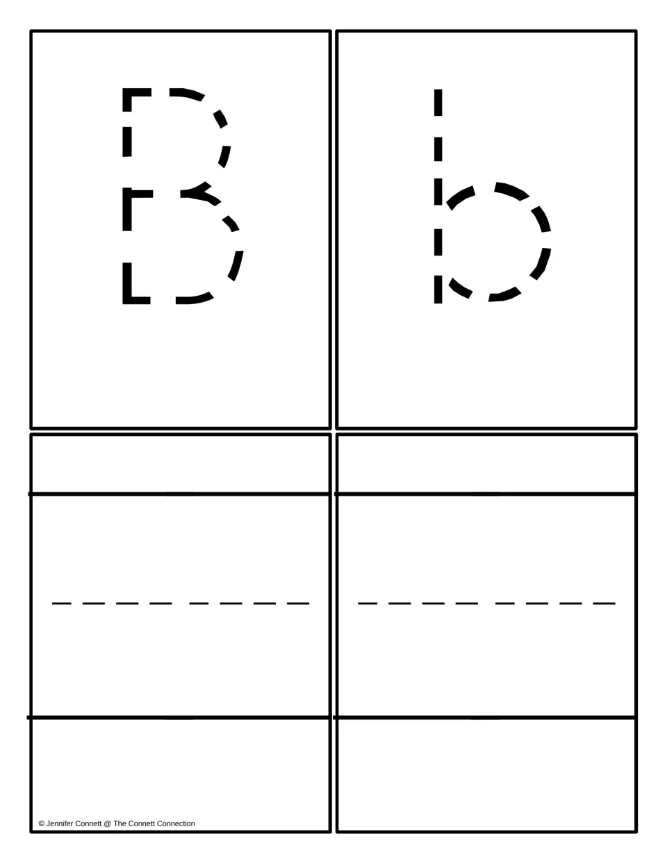 Dashed uppercase B and lowercase b cards to trace, with two blank cards for writing each letter independently