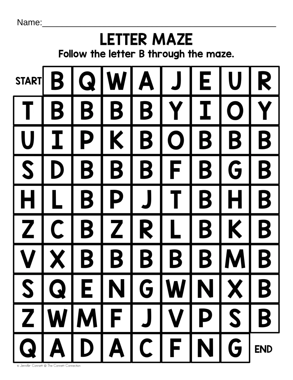 Uppercase B letter maze: students follow capital Bs from START to END among mixed letters, practising letter recognition