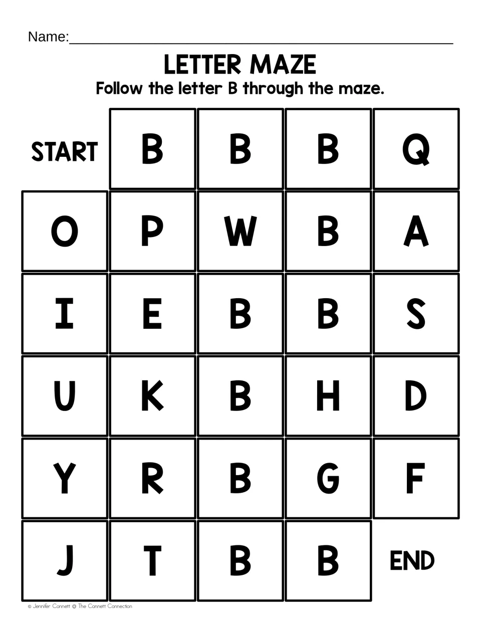 Large-print capital B maze: students follow each B from START to END, passing letters such as Q, P, W and H