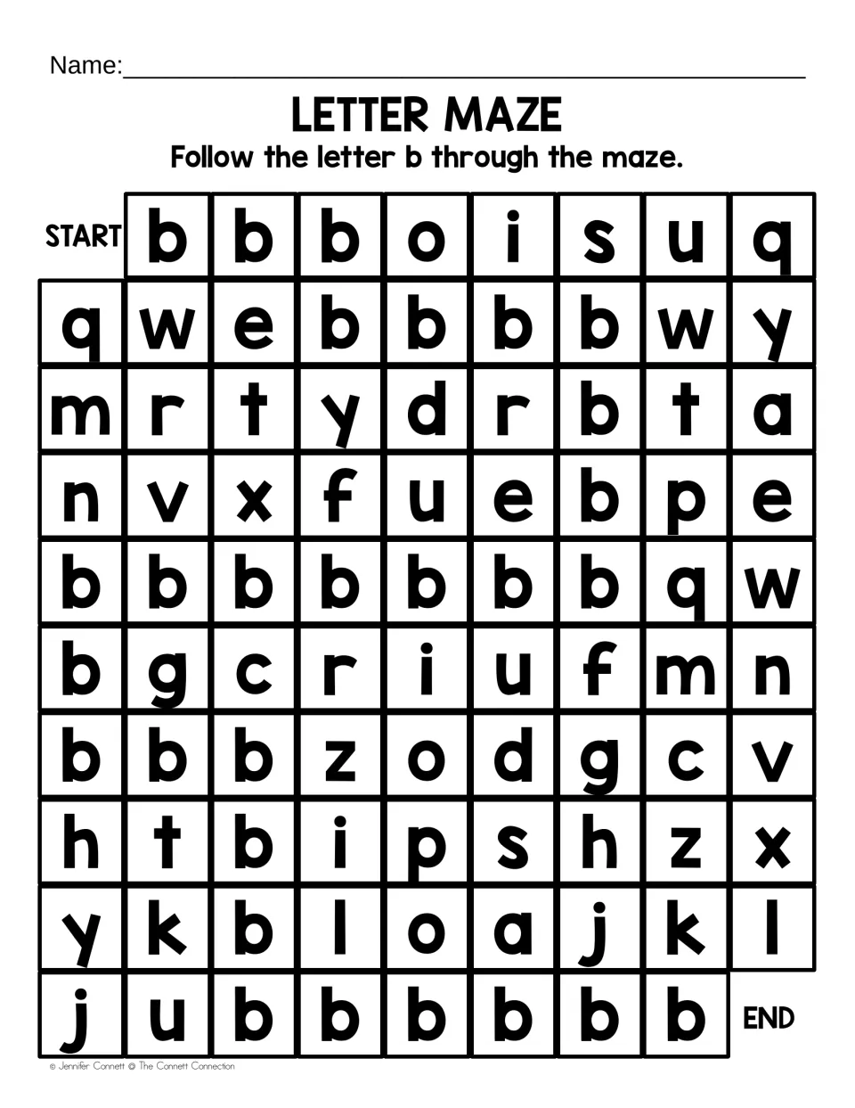 Lowercase b letter maze: students follow b from START to END, telling b apart from look-alikes such as d, p and q